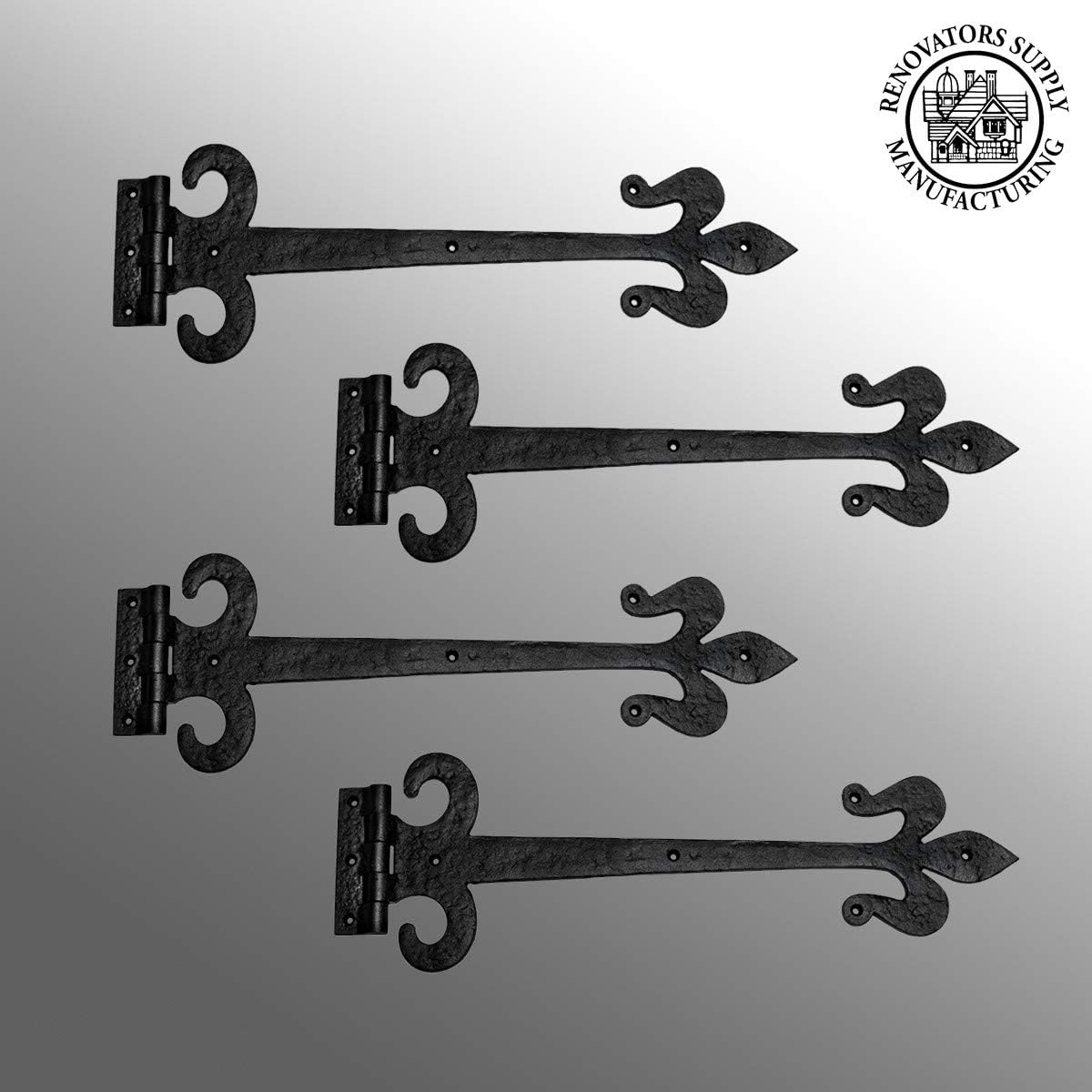 Renovators Supply Manufacturing Black Wrought Iron Door Strap Hinge 18 Long Antique Fleur De Lis Style Rust Resistant Flush Mount Door Hinges for Cabinet Or Barn Doors with Hardware Pack of 2 - Image 11