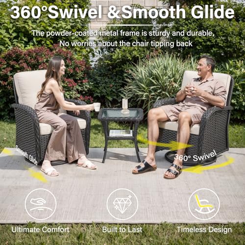 Patio Wicker Chairs Swivel Rocker – Outdoor Swivel Rocking Chairs Set of 2 with Rattan Side Table, Patio Swivel Glider Chair 3 Piece Patio Furniture Sets for Deck Porch Pool Brown/Blue - Image 40