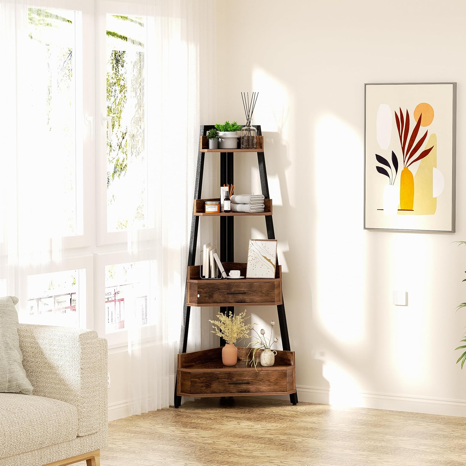 Elsie&Mi 55.1 Inch Tall Corner Shelf, 4-Tire 2 Drawers Corner Cabinet, Storage Rack for Living Room, Office, Kitchen, Basement, Bedroom, Rustic Brown - Image 2