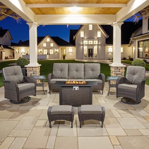 Patio Wicker Chairs Swivel Rocker – Outdoor Swivel Rocking Chairs Set of 2 with Rattan Side Table, Patio Swivel Glider Chair 3 Piece Patio Furniture Sets for Deck Porch Pool Brown/Blue - Image 94
