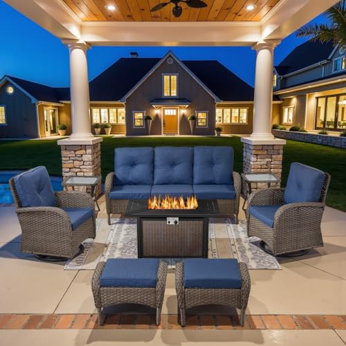 Patio Wicker Chairs Swivel Rocker – Outdoor Swivel Rocking Chairs Set of 2 with Rattan Side Table, Patio Swivel Glider Chair 3 Piece Patio Furniture Sets for Deck Porch Pool Brown/Blue - Image 17
