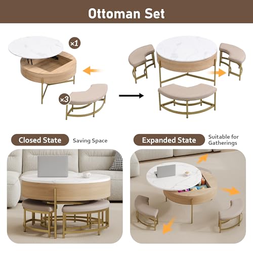 Linique Modern Round Lift-Top Coffee Table with Storage and 3 Ottoman, White + Black - Image 7