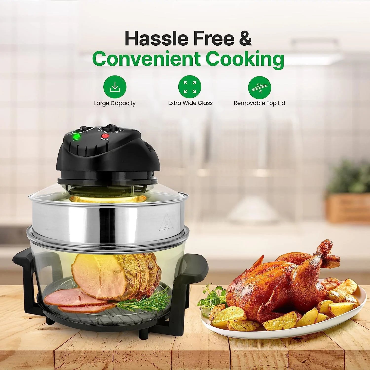 18 Quart Convection Countertop Air Fryer – See through Glass for Best Cooking Results – Air Fryer, Roaster, Bake, Grill, Steam & Roast – Includes Glass Bowl, Broil Rack & Toasting Rack - Image 3