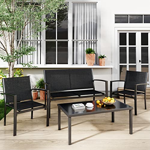 Greesum 4 Pieces Patio Furniture Set, Outdoor Conversation Sets for Patio, Lawn, Garden, Poolside with A Glass Coffee Table, Black - Image 3