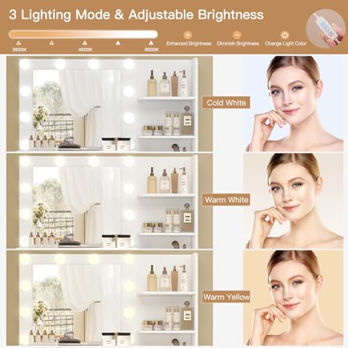 Makeup Vanity Desk with Mirror, 10 Lights, 5 Drawers, 3 Storage Shelves, 3 Color Modes & Adjustable Brightness Dressing Table, 35.4?? Desk, Black - Image 15