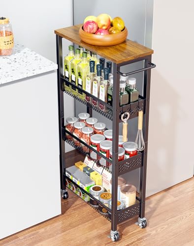 Utility Slim Storage Cart, 4 Tier Small Rolling Kitchen Laundry Room Cart with Wood Top, Metal Narrow Bathroom Storage Cabinet Mobile Shelf Unit Organizer Trolley with Handle for Narrow Space - Image 27