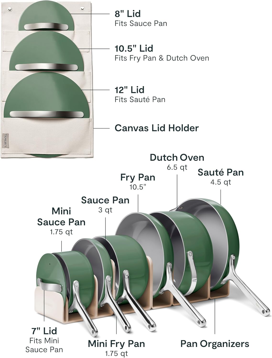 Caraway Deluxe Nonstick Ceramic Cookware Set (16 Piece) Pots, Frying Pans, Lids and Kitchen Storage – PFAS & PFOA Free – Oven Safe Ceramic Pan Set & Compatible with All Stovetops – Sage - Image 3
