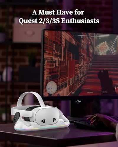 Charging Dock for Meta Quest 3S/3/2, 20W Magnetic Charging Station for Oculus Quest 3S/3/2 Accessories with Rechargeable 2X2100mAh Batteries, RGB Charging Stand for VR Headset & Controllers - Image 8