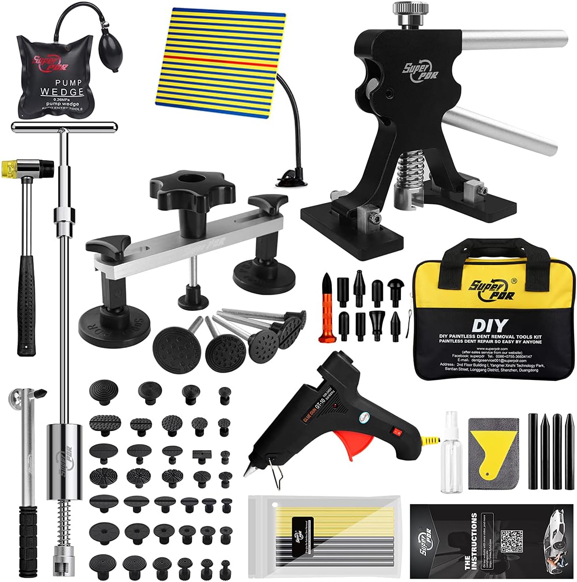 Super PDR Paintless Dent Repair Kit, Black Dent Remover Tool Auto Body Dent Removal Kit with Double Pole Bridge Dent Puller for Auto Body Tools